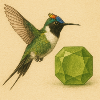 Illustration of a horned sungem hovering beside an octagonal peridot
